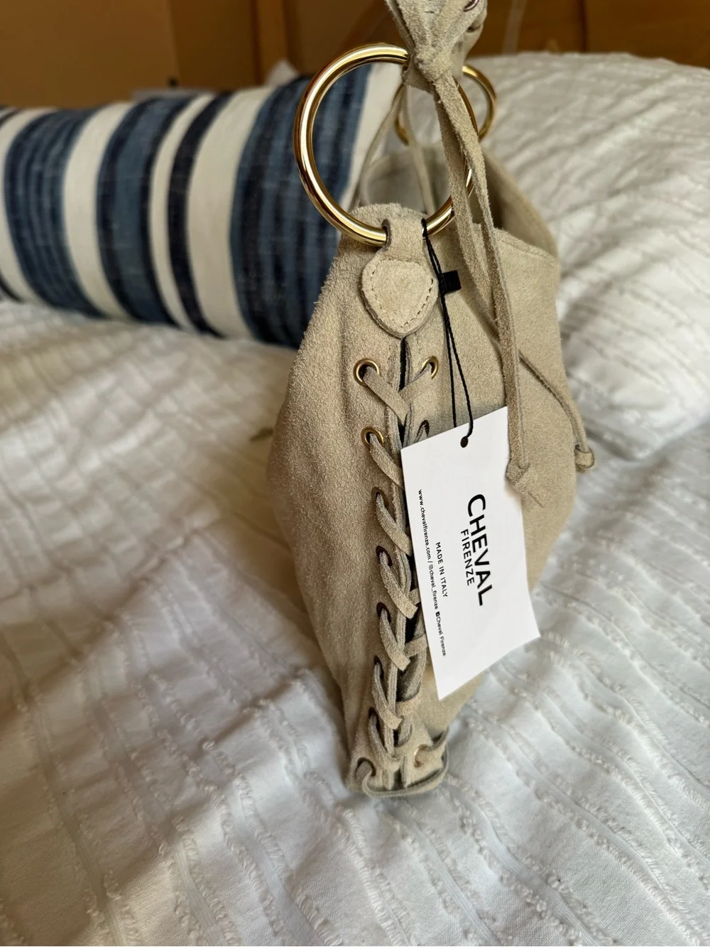 Beige Suede Shoulder Bag with Gold Rings